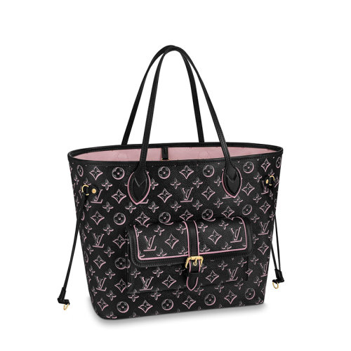 Louis Vuitton/路易威登 22新款NEVERFULL系列 女士中号黑色皮革饰粉色系老花压纹单肩手提托特包M46137