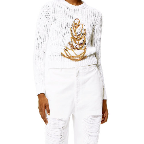 LOEWE/罗意威 22年秋冬新款 女士牛软白色系工刺绣金链罗纹麻和亚麻针织圆领毛衣S359Y14KAD-1950