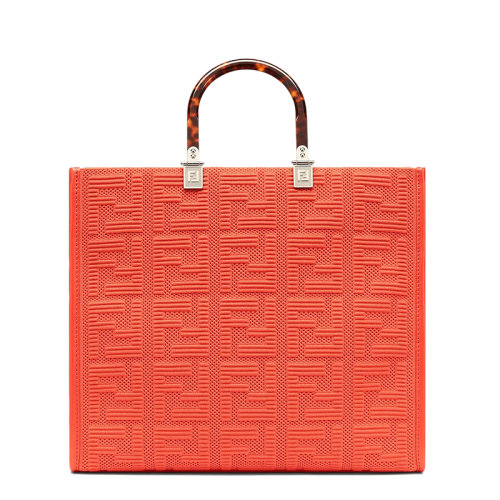 FENDI/芬迪 SUNSHINE系列 女士中号红色FF布料玳瑁壳效果硬质树脂玻璃手柄单肩手提包8BH386AHWCF0PG3
