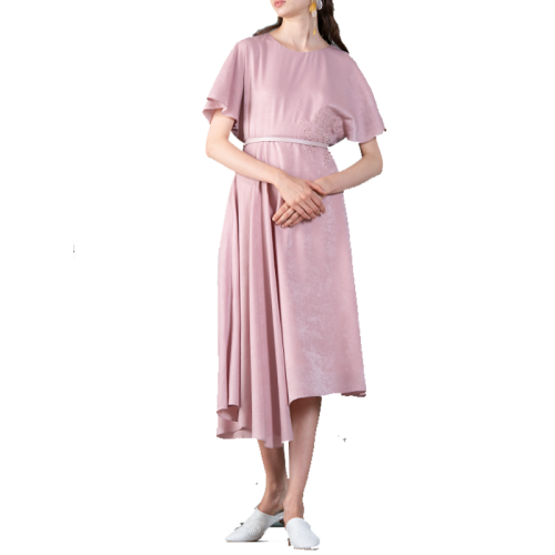 HUI/卉 女士连衣裙20春夏新款摩登粉色连衣裙圆领轻薄仿麂皮面料设计中长裙