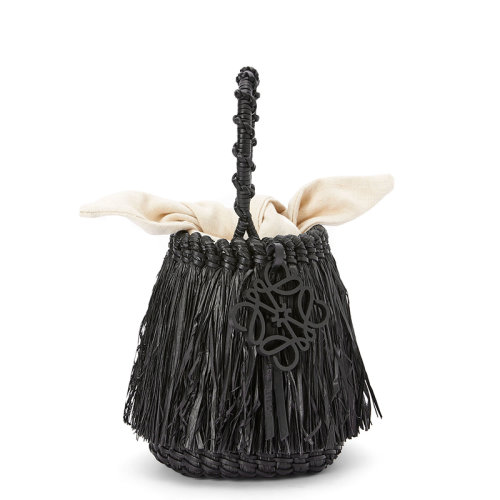 LOEWE/罗意威 22新款Frayed Bucket系列 女士小号黑色编织物配皮饰黑色徽标吊饰白色帆布内袋单肩手提水桶包A329C19X04-1100