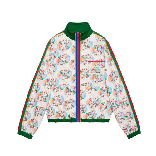 GUCCI/古驰 22秋冬款 The North Face联名系列 女士多色涤纶/棉混纺饰有彩色印花LOGO图案手臂红绿条纹弹性袖口拉链口袋针织夹克?673975XJDVH9275