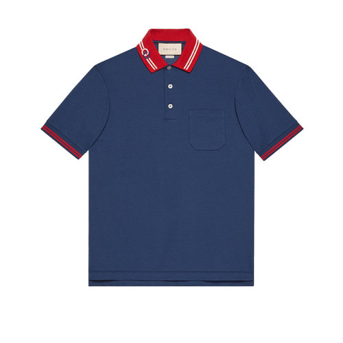 GUCCI/古驰 22年春夏新款 男士蓝色/红色棉质混纺互扣式双G刺绣短袖Polo衫658067XJDI24714