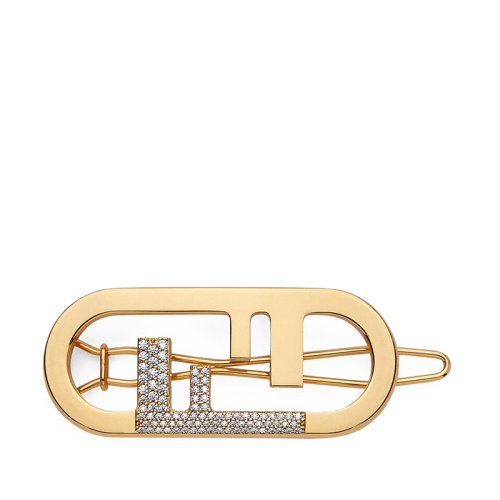 FENDI/芬迪 O’LOCK系列 金色金属Fendi O'Lock图案白色水晶发夹8AH325A44GF089U