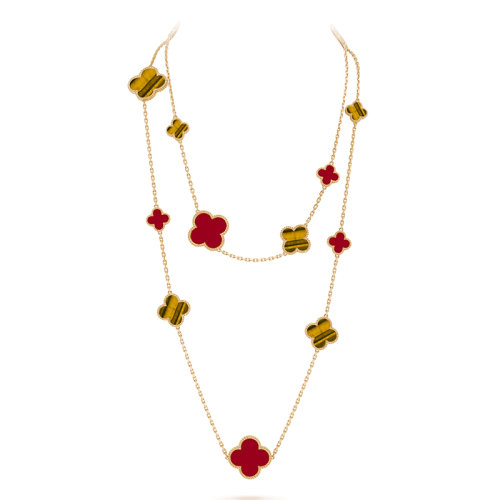 Van Cleef & Arpels/梵克雅宝 经典Magic Alhambra系列 8玛瑙8虎眼石四叶草黄金链长项链VCARN5JO00
