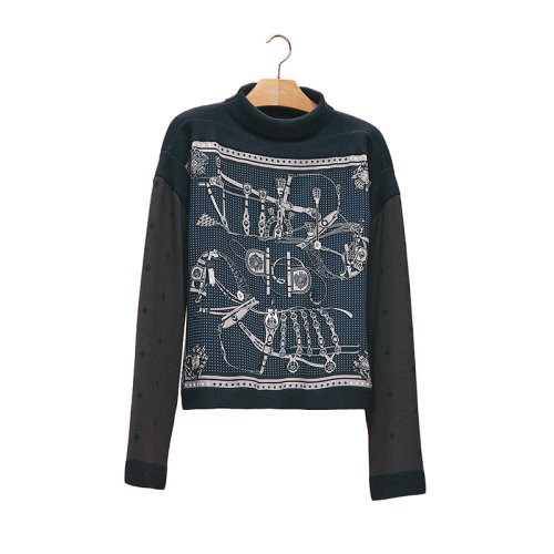 HERMES/爱马仕 22年秋冬新款 女士堇青石蓝色羊绒和真丝混纺印花长袖针织衫毛衣H2H2827DS0I34