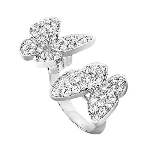 Van Cleef & Arpels/梵克雅宝 经典Deux Papillons系列 18k金白金镶嵌钻石两只蝴蝶开口戒指指环VCARO61900