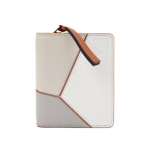 LOEWE/罗意威 22年新款Puzzle系列 女士幽灵白/暖白色/灰色三色拼接牛皮革拉链开合双折拼图钱包C510Z41X02-1759