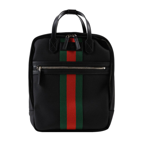 GUCCI/古驰 男士黑色帆布配皮字母压花徽标红绿条纹织带手提包双肩包旅行包背包男包 495558-KWTIN-1060