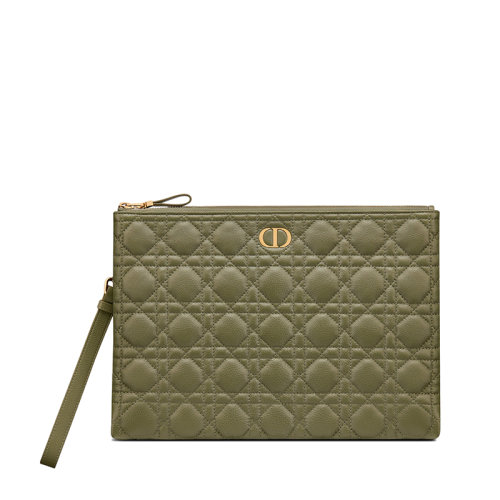 DIOR/迪奥 CARO DAILY系列 女士大号雪松绿色柔软藤格纹小牛皮拉链手拿包S5086UWHC_M67H