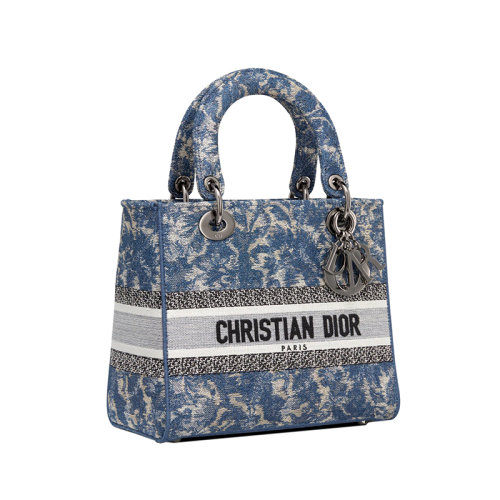 DIOR/迪奥 23新款 LADY D-LITE系列 女士中号蓝色牛仔效果织锦刺绣钌饰面金属吊饰拆卸调节双面刺绣肩带斜挎手提包M0565BRXR_M49E