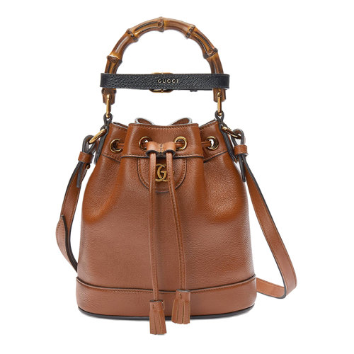 Gucci 古驰 22新款 女士迷你棕色皮革双G金色饰面竹节手柄调节肩带手提单肩包724667UAAAY2548