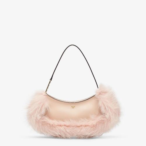  FENDI芬迪 22年秋冬 女士 手提包 浅粉红色皮革和狐狸皮革手拿包 8BS068ALS9F1IVT