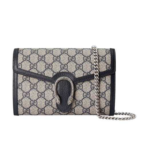 GUCCI/古驰 22春夏新款Dionysus系列 女士米色/蓝色老花帆布虎头扣链式酒神钱包 401231K9GSN4075