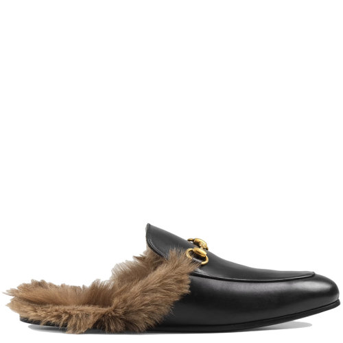 GUCCI/古驰 2015 Re-Edition系列 男士黑色皮革羔羊毛马衔扣拖鞋397647DKHH01063