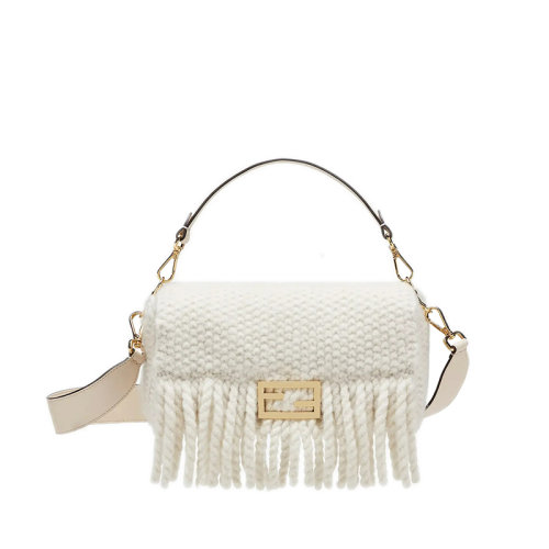 FENDI/芬迪 BAGUETTE系列 女士中号白色羊毛材质FF搭扣翻盖长流苏金色饰面金属配饰可拆卸肩带单肩斜跨手提包8BR600AH98F0VWM