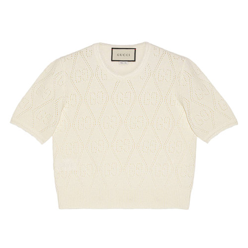 GUCCI/古驰新款女士?象牙白色GG镂空针织羊毛圆领上衣650676XKBL79200