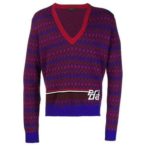 PRADA/普拉达 男性 V领 条纹 男士针织衫/毛衣 UMA861-S-182#1R87#F0030