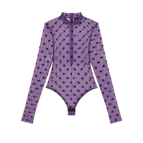 Givenchy/纪梵希 22年秋冬新款 女士茄紫色/海军蓝色锦纶混纺弹力薄纱天鹅绒LOGO图案长袖紧身衣BWB01G30ND-505