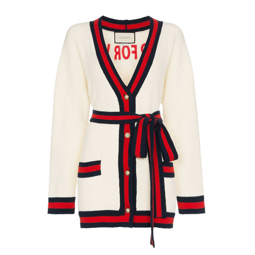 GUCCI/古驰  女装 服装 淡黄色棉质混纺蝴蝶结系带束腰长款针织衫外套 女士针织衫