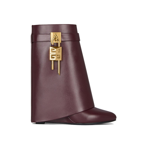 Givenchy/纪梵希 22年秋冬新款 Shark Lock系列 女士牛血红色牛皮革LOGO挂锁筒靴短靴BE603KE1JC-642