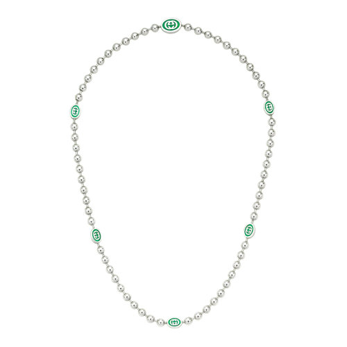 GUCCI/古驰 22春夏新款 银色925纯银珠链饰绿色珐琅互扣式双G徽标链式项链701611J84108414