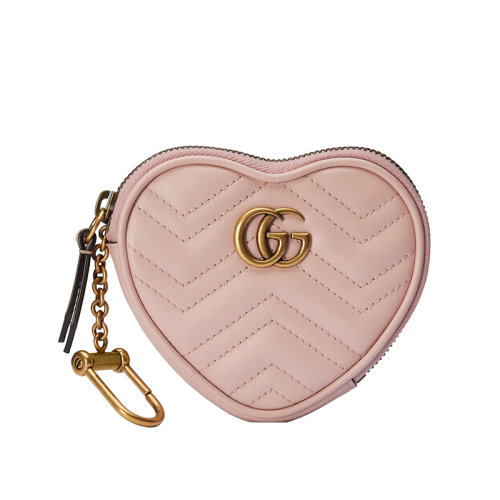 GUCCI/古驰 2022年新款GG Marmont系列 女士浅粉色绗缝皮革饰双G标志内饰钥匙钩心形钱包699517DTDHT5909