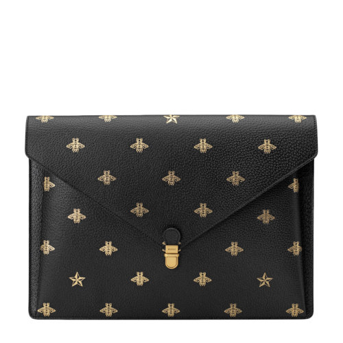 GUCCI/古驰 男士黑色皮革蜜蜂和星星图案印花翻盖开合手拿包公文包男包 500976-DJ2LT-1055