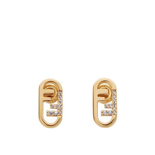 FENDI/芬迪  O’LOCK系列 金色金属Fendi O'Lock图案白色水晶耳环8AH320A44GF089U