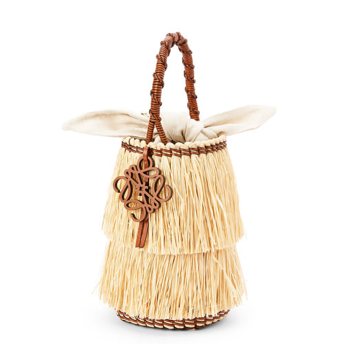 LOEWE/罗意威 22新款Fringe Bucket系列 女士原色/棕色酒椰纤维编织物配皮饰徽标吊饰单肩手提水桶包A329W68X01-2435