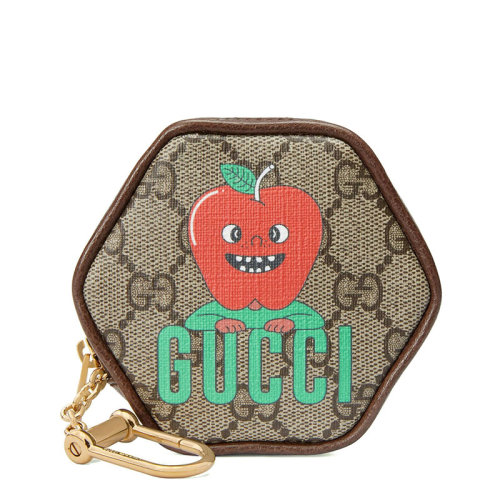 GUCCI/古驰 22新款 男女同款乌木色/米色帆布配皮红苹果大头小人印花金钥匙扣拉链开合几何六边形钱包零钱包钥匙包700737U2YAG8679