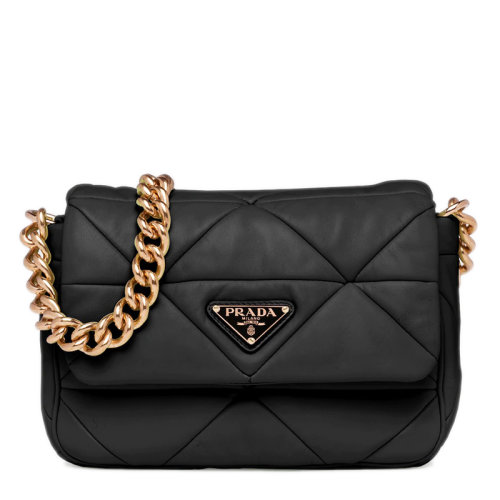 PRADA/普拉达 22年新款Prada System系列 女士黑色软羊革拼缝珐琅金三角扣复古金链配可拆卸的迷你小袋尼龙肩带单肩斜跨手提链条包1BD292_2DMO_F0002_V_L9O