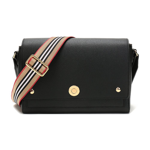 BURBERRY/博柏利 巴宝莉 女士 条纹肩带翻盖黑色皮质单肩包斜挎包 80174621 HJH0015X