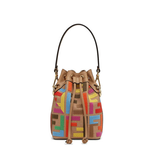 FENDI/芬迪 MON TRESOR系列 女士迷你米色帆布多彩老花刺绣配可拆卸肩带斜跨斜跨单肩手提水桶包8BS010AHW7F1FSH