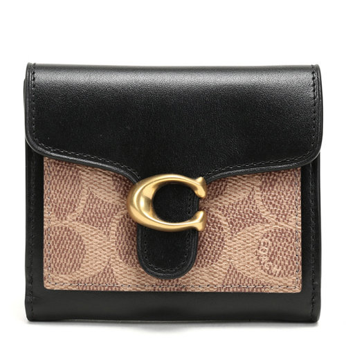 COACH/蔻驰 ABBY系列女士黑黄棕拼色涂层帆布配皮经典双C字母徽标印花图案按扣开合短款钱夹钱包卡包女包 85994B4OOH