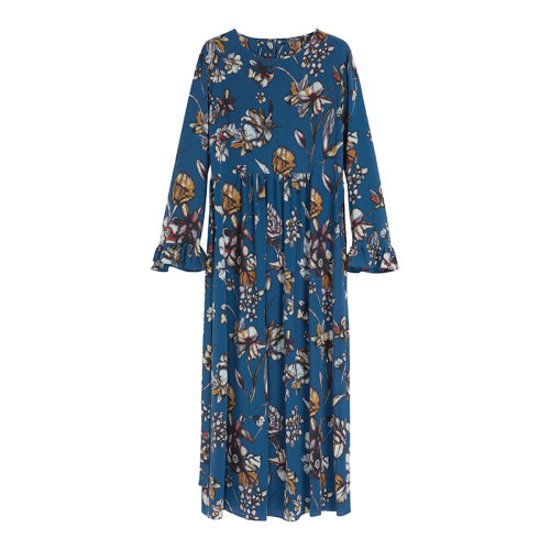 MaxMara/麦丝玛拉 22年早春新款 TONIO系列 女士蓝灰色真丝印花双绉长款连衣裙9221202106001