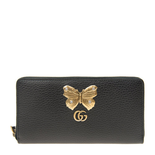 GUCCI/古驰 女士纯色皮革经典双G字母徽标金属蝴蝶装饰全拉链式长款钱夹钱包手拿包女包 499363-CAOGT 多色可选