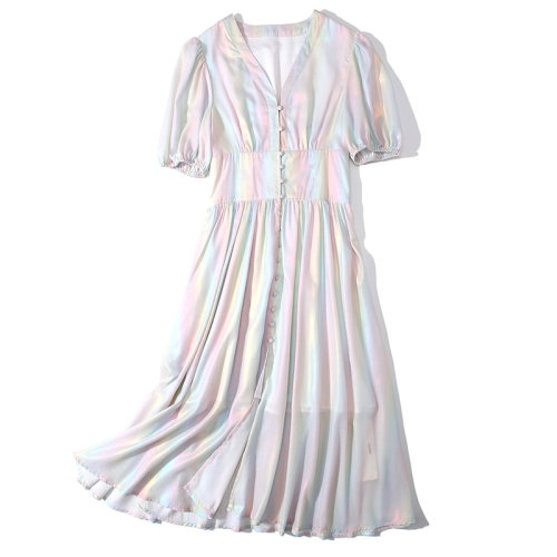 GeleiStory/GeleiStory  春夏新款清新甜美天丝灯笼袖彩虹色收腰连衣裙  女装＞女士裙装＞女士连衣裙