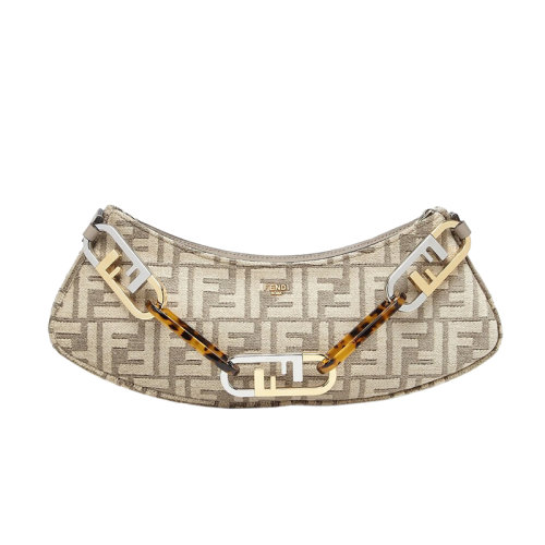FENDI/芬迪 2022新款 O'Lock Swing系列 女士浅褐色织物配皮金色金属手提斜挎包8BS068AL9QF1IQN