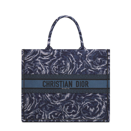 DIOR/迪奥 22春夏新款BOOK TOTE系列 女士大号蓝色Dior Roses玫瑰图案刺绣织物手提托特包M1286ZRVG_M928
