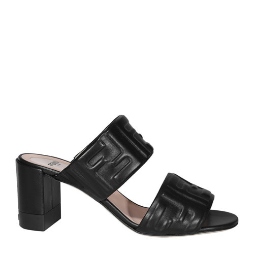 Fendi/芬迪女士黑色皮革经典双F字母徽标压花露趾粗跟鞋高跟鞋凉鞋拖鞋单鞋女鞋 8R8127-ABOH-F0ABB