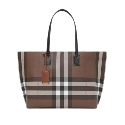 BURBERRY/博柏利 22新款 女士中号深棕色格纹皮革龙虾扣开合皮革提手拆卸镜子吊饰单肩托特包80525041