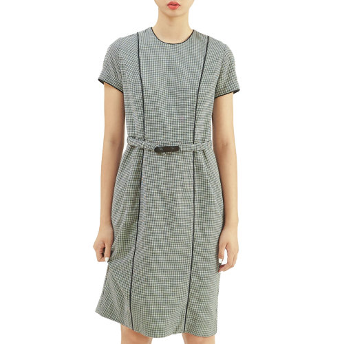 19年秋冬款nisiss/怡夕棉纱格纹圆领收腰连身裙女士连衣裙y141ao01