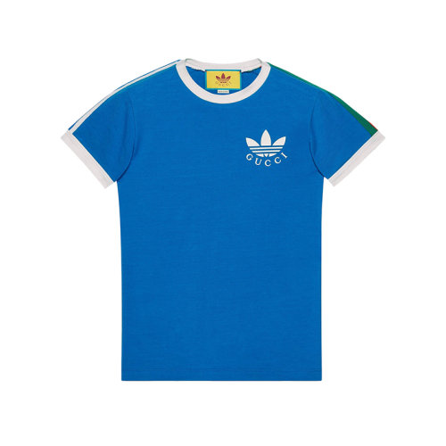 GUCCI/古驰 22年秋冬新款 adidas联名系列 男士蓝色棉质混纺Logo印花短袖T恤691637XJEKL4744