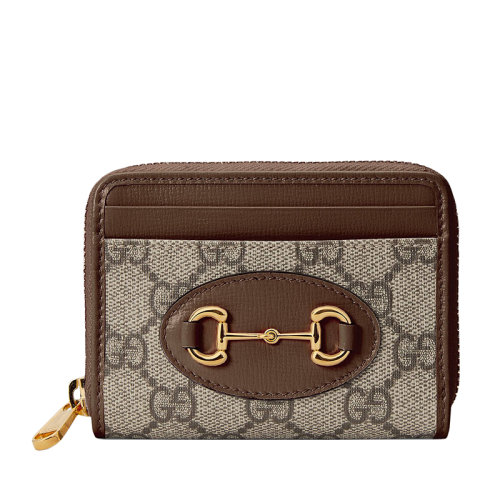 GUCCI/古驰 Horsebit 1955系列 女士米色乌木色GG帆布棕色皮革饰边马衔扣细节拉链卡包65854992TCG8563