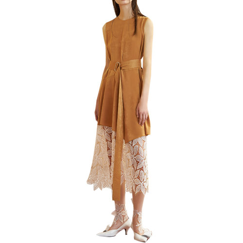 HUI/卉 女士连衣裙19春季黄棕色蕾丝拼接连衣裙圆领收腰中长款背心裙