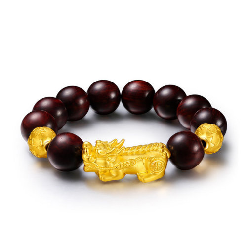 GJY/古金玥 财禄亨享 3D硬金999足金精工貔貅配小叶紫檀男士黄金转运珠手链