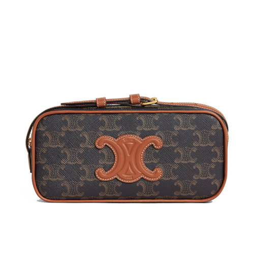 CELINE/赛琳 22新款CUIR TRIOMPHE系列 女士迷你褐色帆布搭小牛皮拉链开合饰徽标单肩斜挎相机包10J582EGP.04LU