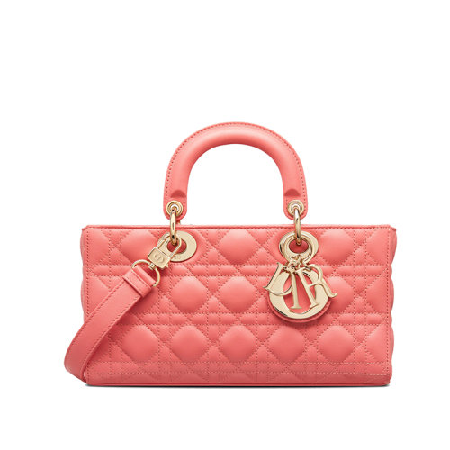 DIOR/迪奥 22新款LADY D-JOY系列 女士珊瑚粉小羊皮藤格纹配金扣单肩斜挎手提戴妃包M0540ONGE_M76P