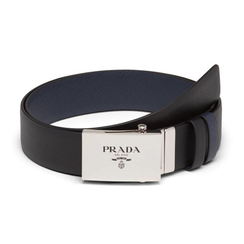 PRADA/普拉达 男士黑色/海军蓝摩洛哥皮革和抛光金属扣双面腰带35毫米2CM228_053_F0RD7